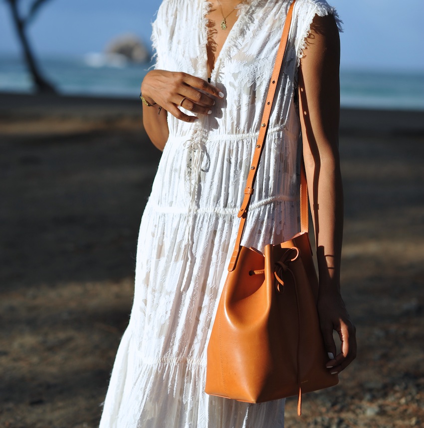 karen blanchard wearing the mansur gavirel bucket bag