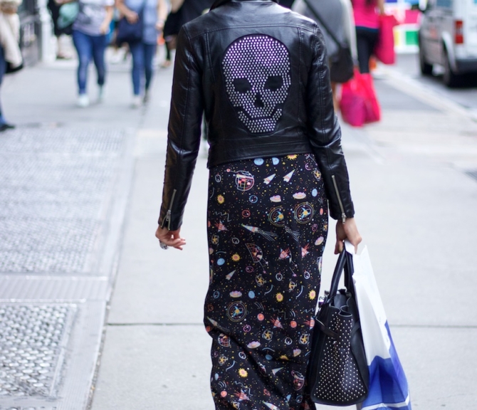 black leather studded jackets with floral print maxi skirts