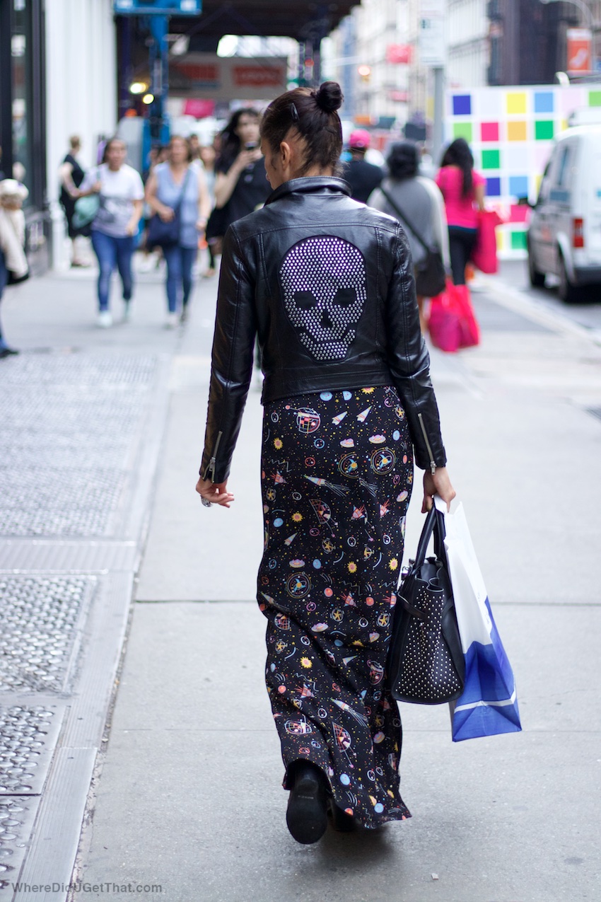 black leather studded jackets with floral print maxi skirts