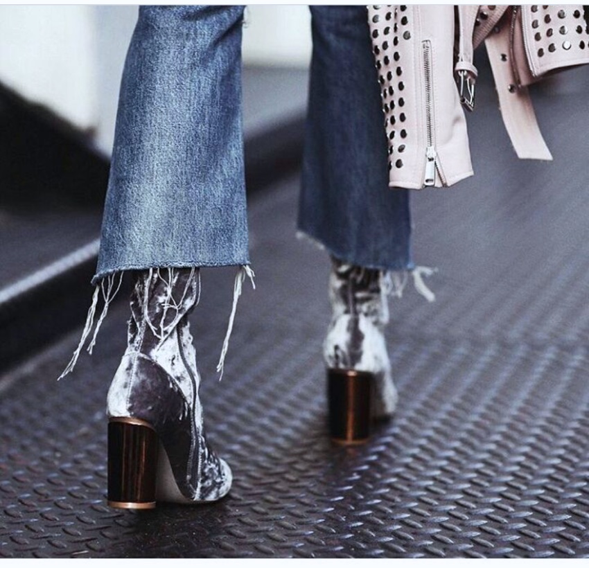 Velvet ankle boots and crop flared jeans