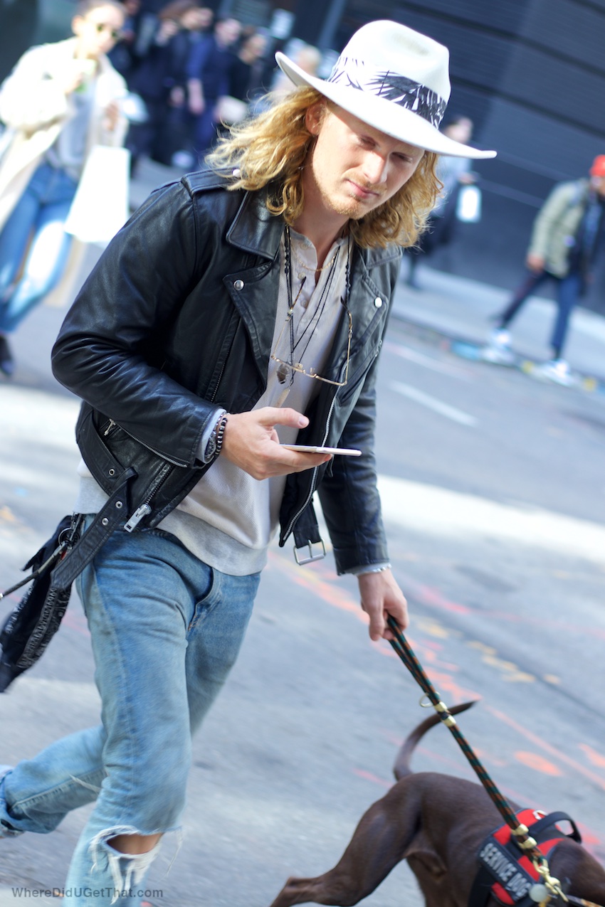 black leather jacket with fedora and vintage denim jeans