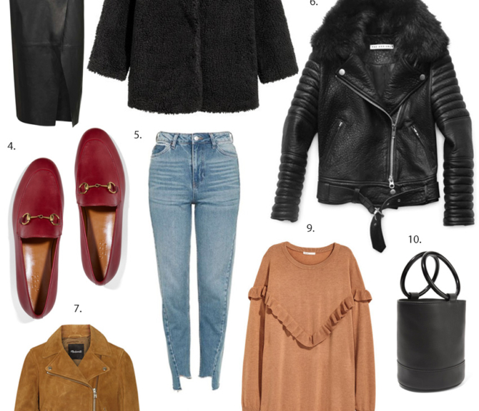 Madewell suede jacket, snake skin boots, block heel shoes, The Arrivals Rainer leather jacket, Gucci red loafers, leather skirt