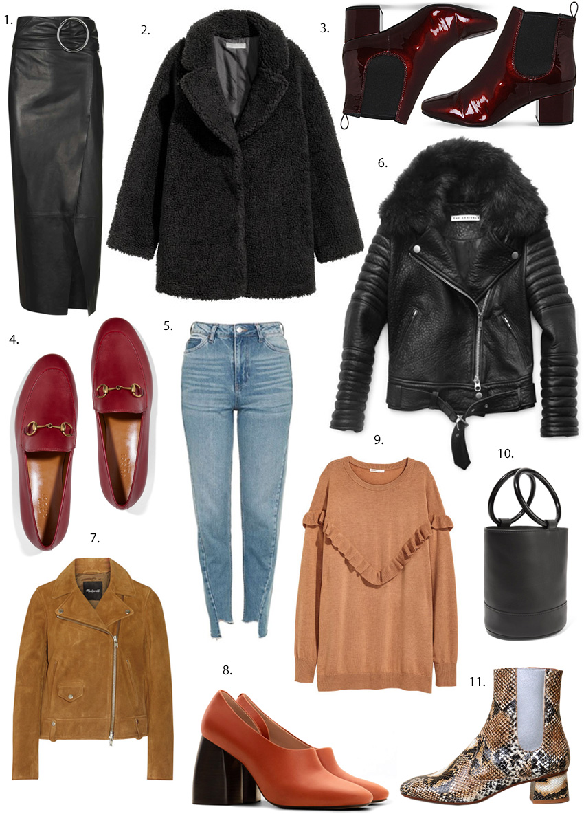 Madewell suede jacket, snake skin boots, block heel shoes, The Arrivals Rainer leather jacket, Gucci red loafers, leather skirt