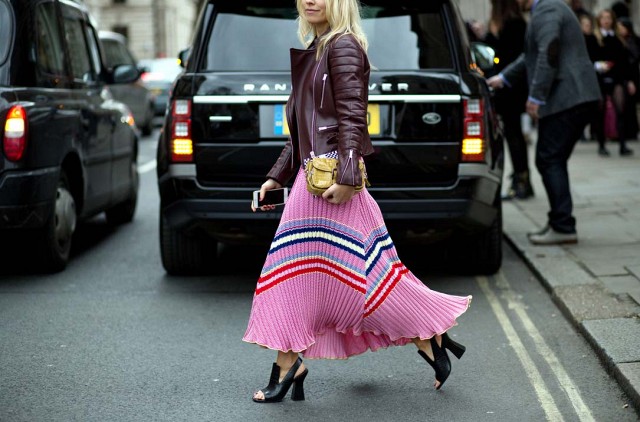 pink pleated midi skirt